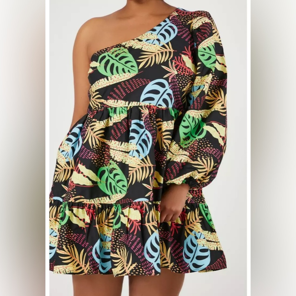 Tropical Palm Cotton One-Shoulder Puff Sleeve Tiered Ruffle Party Mini Dress